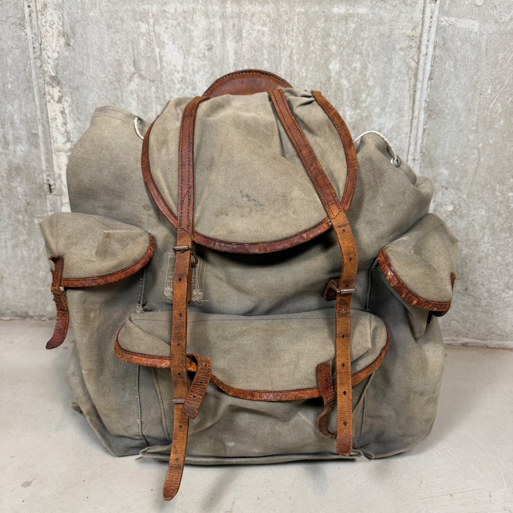 Vintage 50s Military Canvas Rucksack Leather Trim Backpack Olive Drab Norway